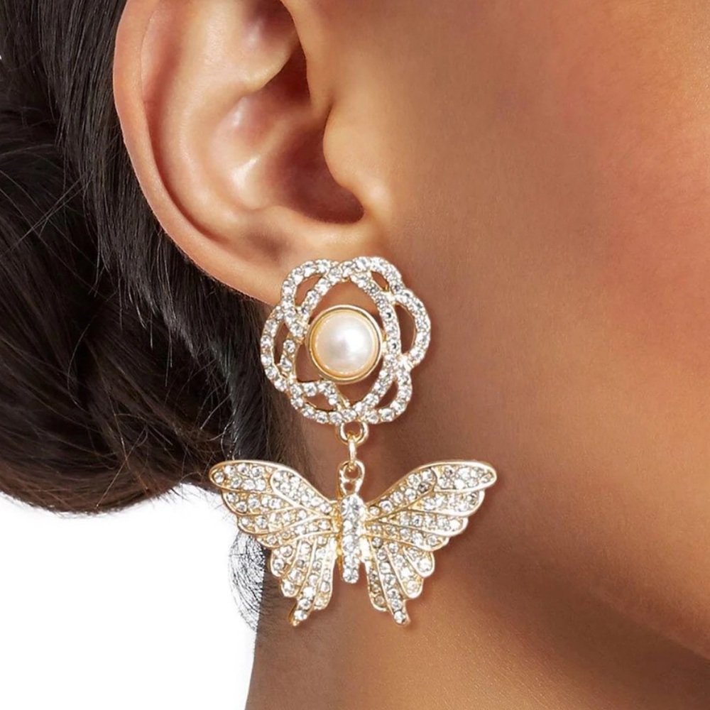 GOLD ROSE BUTTERFLY RHINESTONE EARRINGS